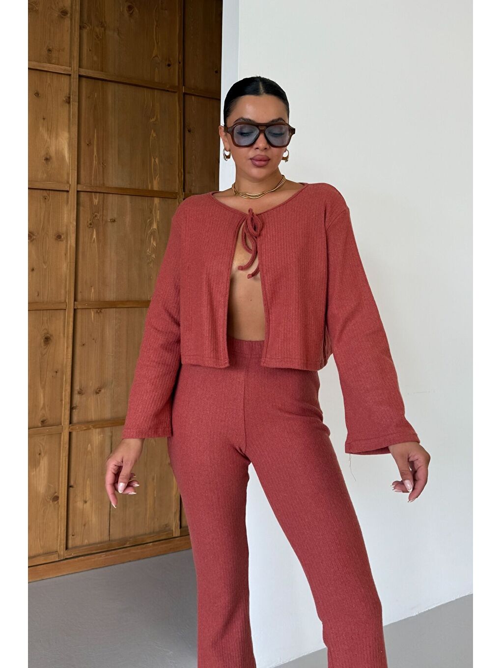 Turuncu Kadın Kiremit Önden Bağcık Detay Fitilli Crop Pantolon Takım-3