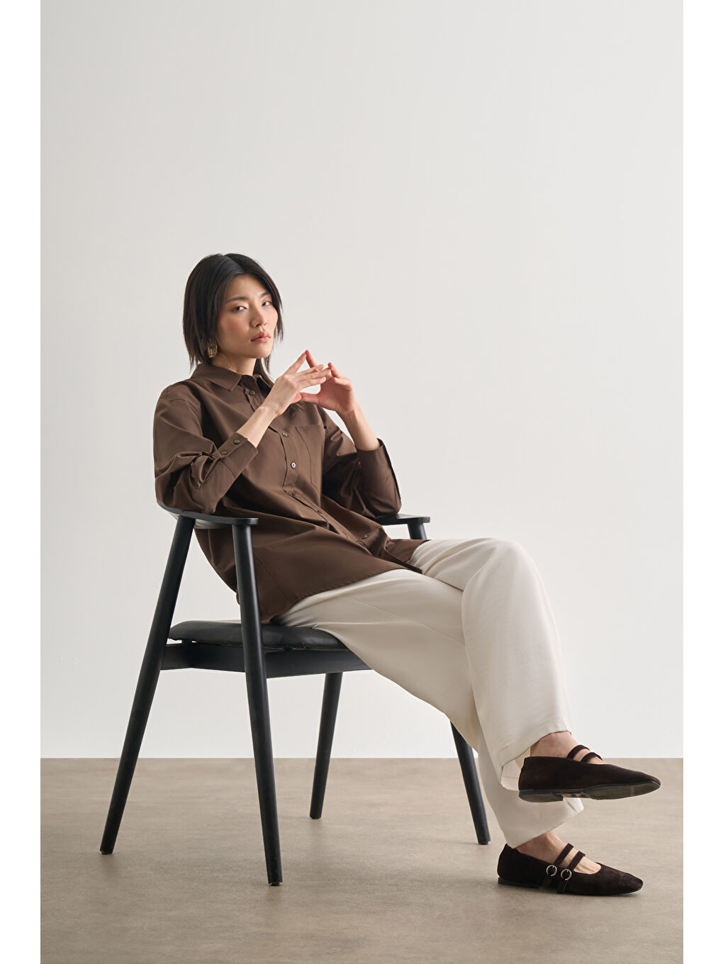 Premium Saf Pamuk Kahverengi Oversize Gömlek-3