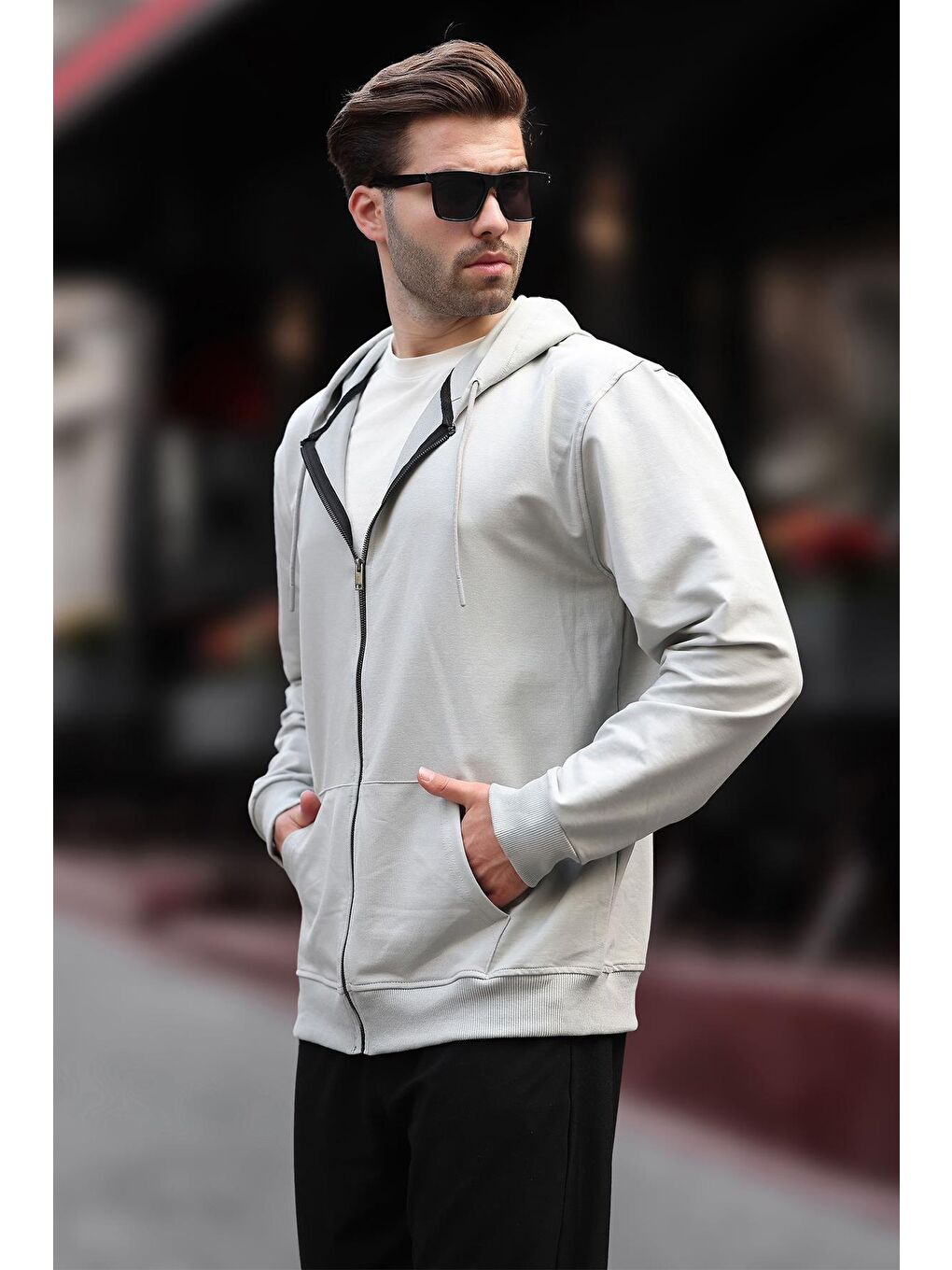 Boyalı Gri Kapüşonlu Düz Fermuarlı Erkek Hırka 7070-1