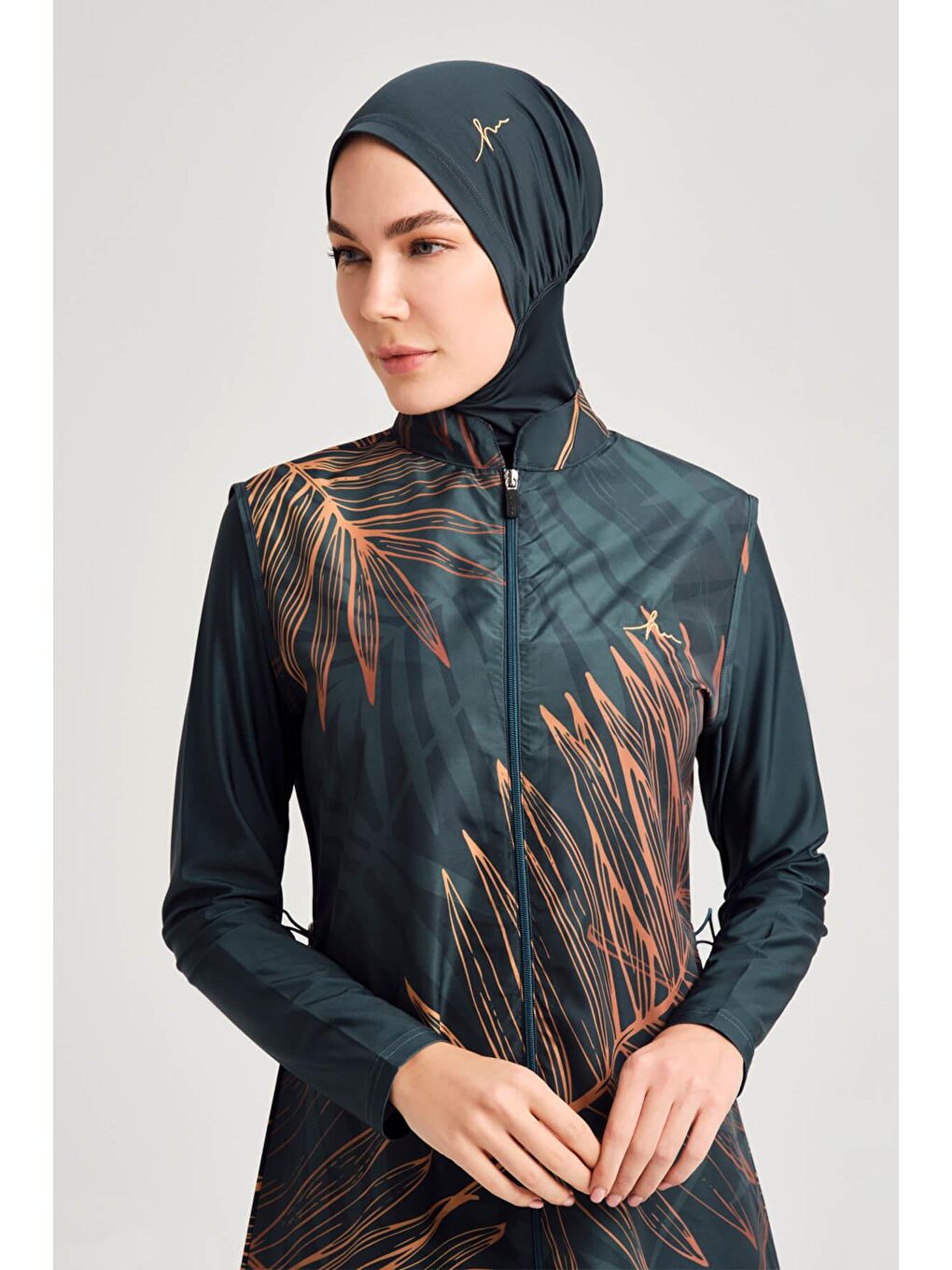 Gold Yaprak Detaylı Jileli Yeşil 5 Parça Tam Tesettür Mayo Takımı 3049-3