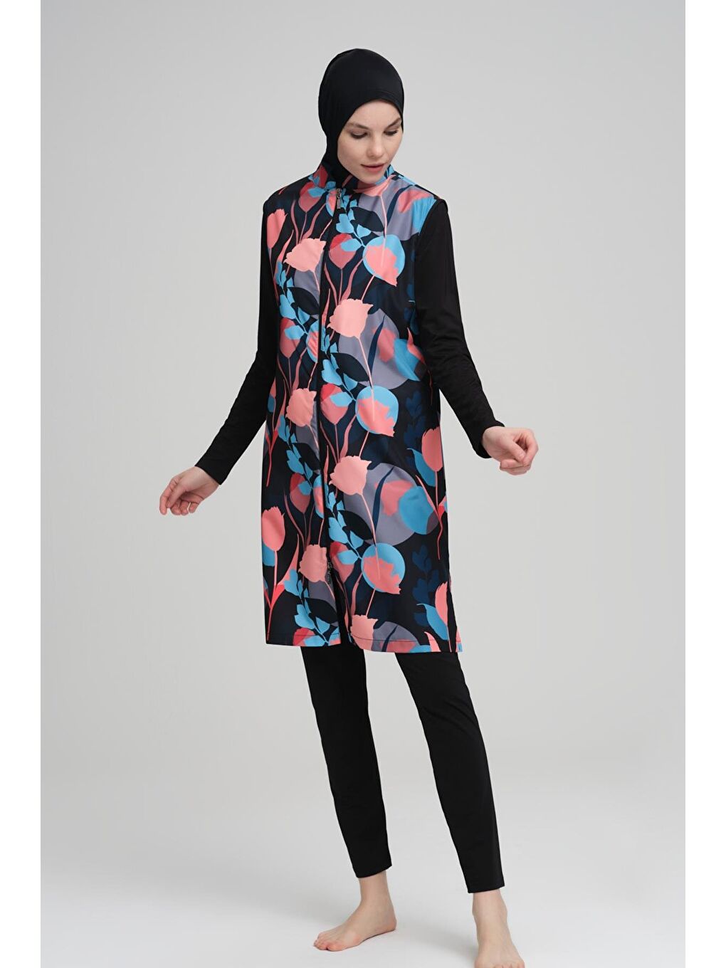 Renkli Çiçek Desenli Siyah Jileli 3 Parça Tam Tesettür Mayo Takımı 2205-1