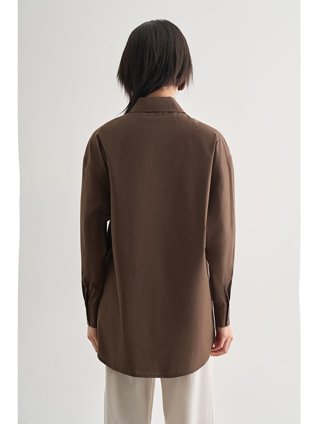 Premium Saf Pamuk Kahverengi Oversize Gömlek-4