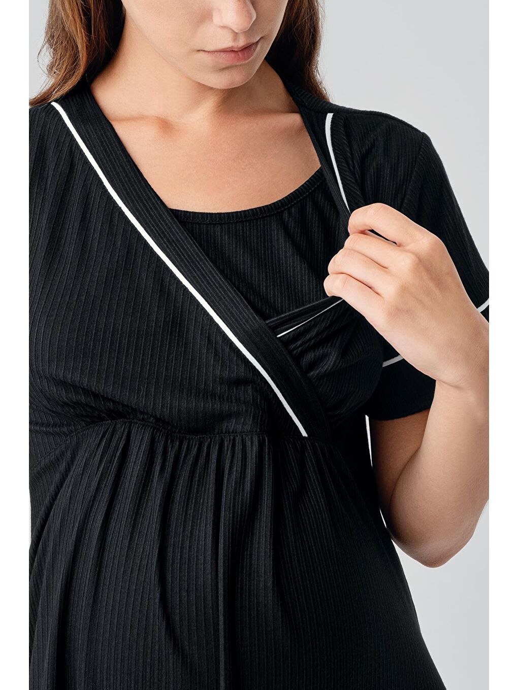 Siyah Kısa Kollu Esnek Viskoz Hamile Sabahlık Gecelik Takım 16402-2