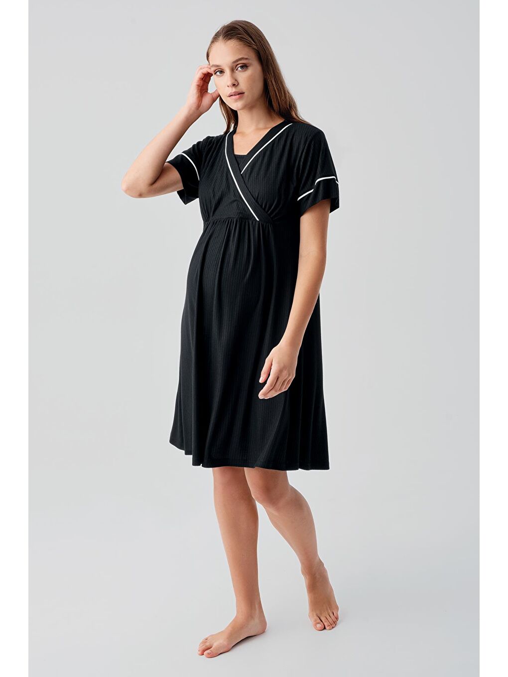 Siyah Kısa Kollu Esnek Viskoz Hamile Sabahlık Gecelik Takım 16402-3