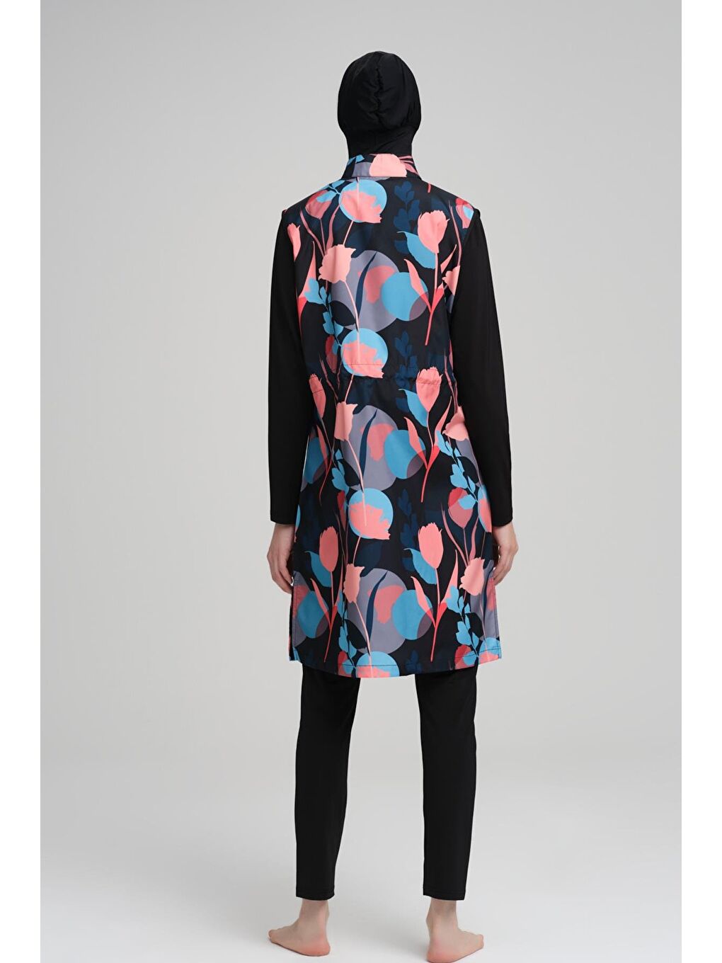 Renkli Çiçek Desenli Siyah Jileli 3 Parça Tam Tesettür Mayo Takımı 2205-3