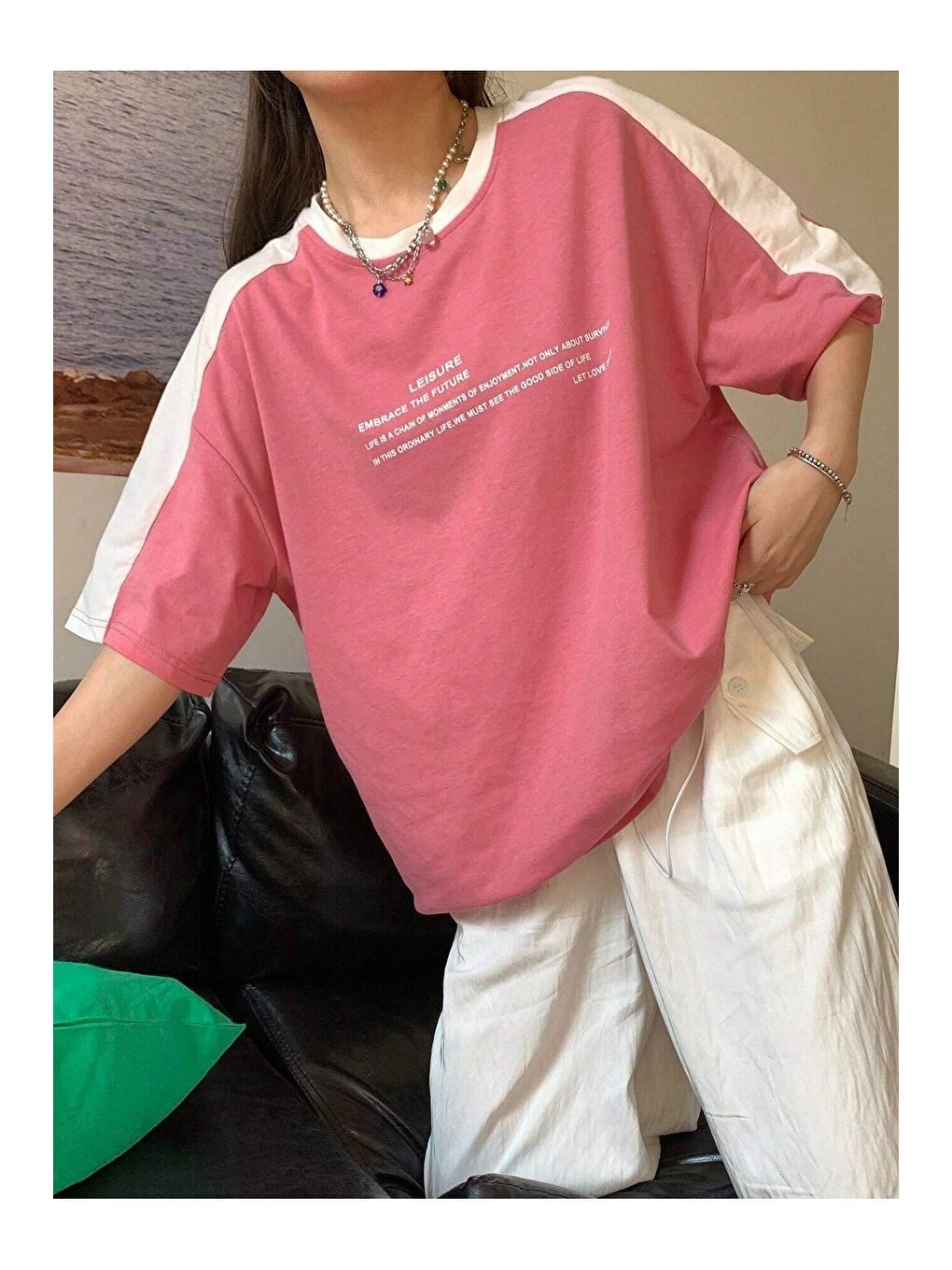 Leisure Future Parçalı Süprem T Shirt   Pembe Beyaz Oversize Bisiklet Yaka Kısa Kol Tişört