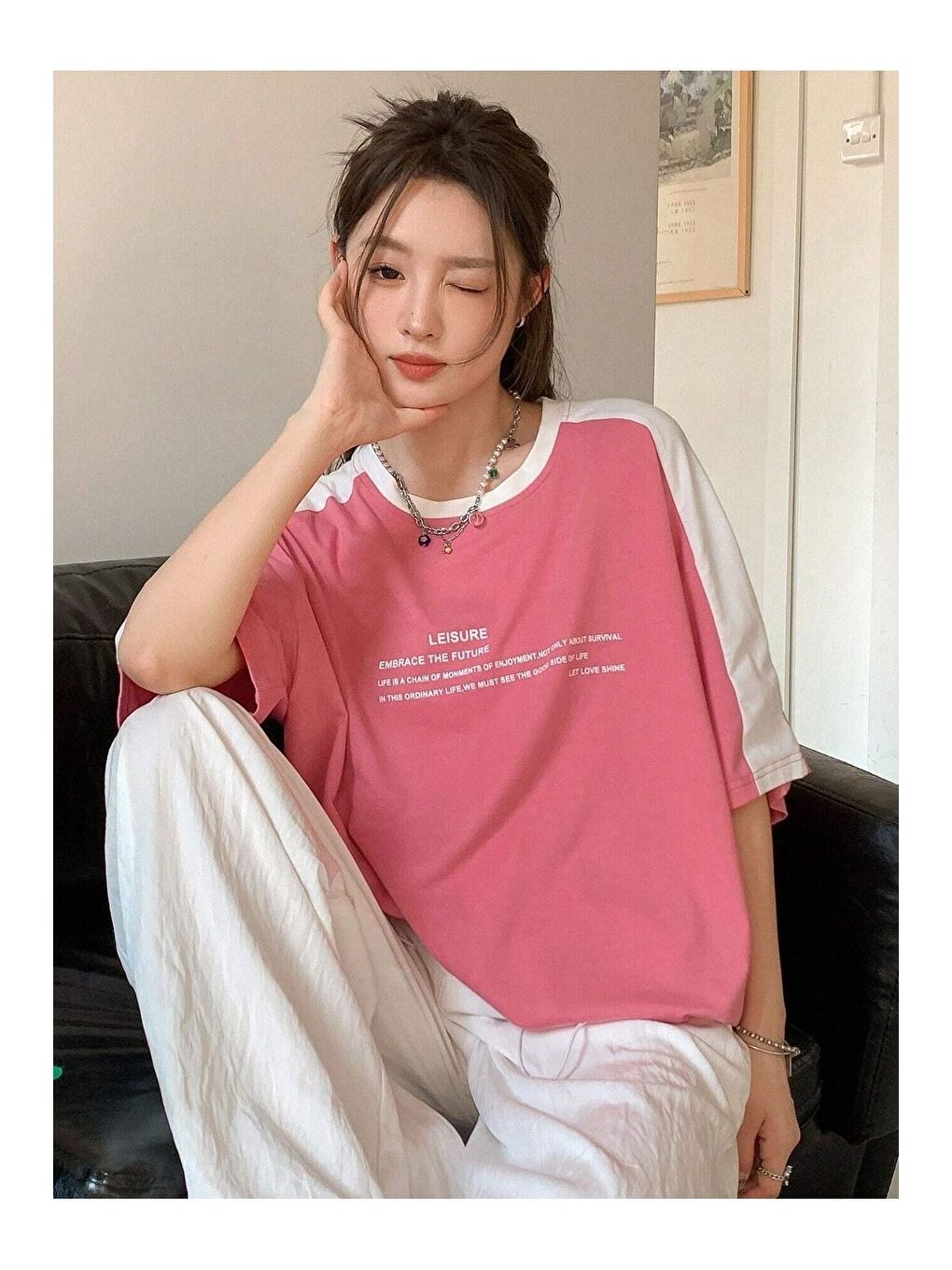 Leisure Future Parçalı Süprem T Shirt   Pembe Beyaz Oversize Bisiklet Yaka Kısa Kol Tişört-1