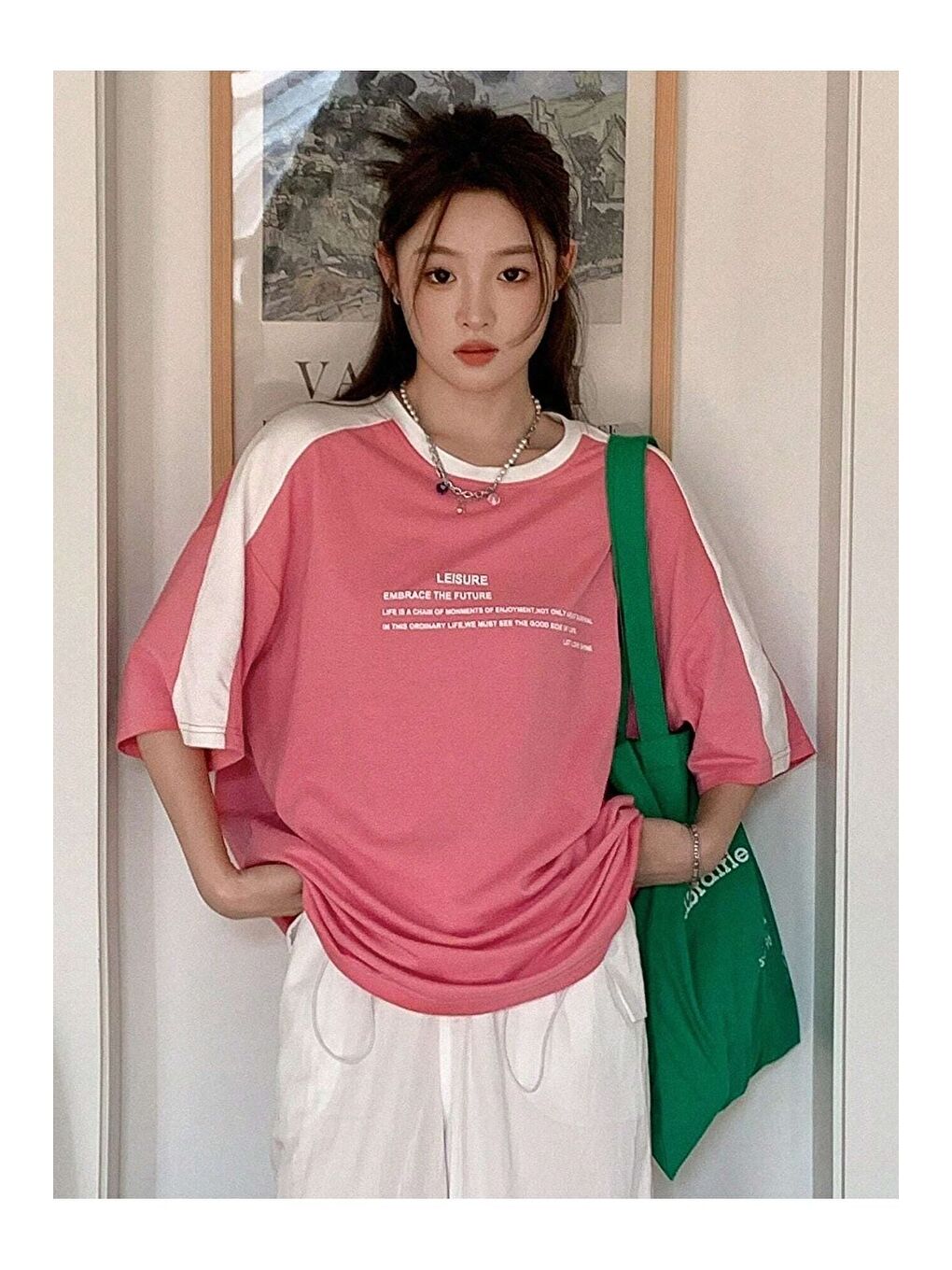 Leisure Future Parçalı Süprem T Shirt   Pembe Beyaz Oversize Bisiklet Yaka Kısa Kol Tişört-2