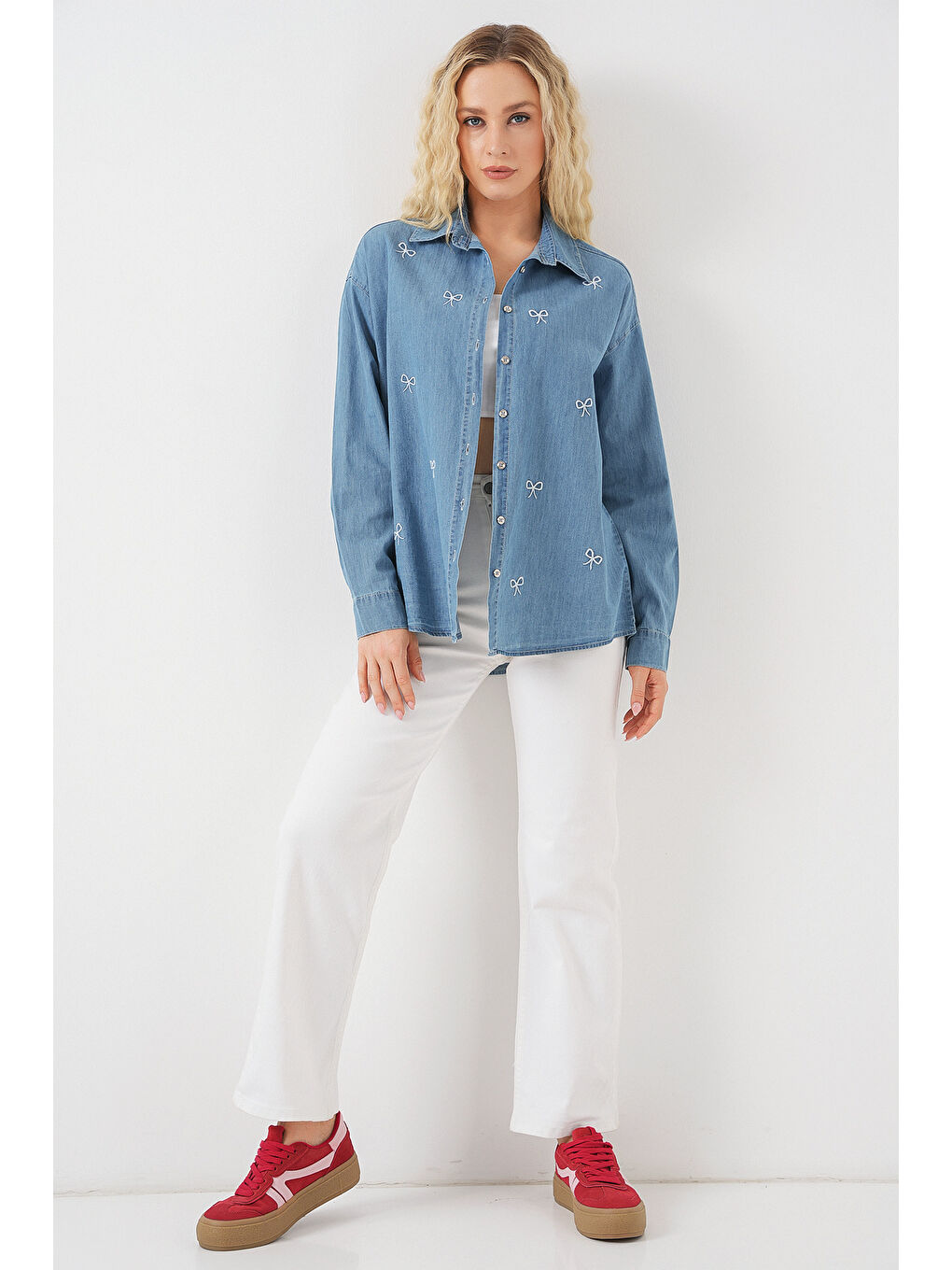 Kadın Fiyonlu Jean Gömlek 20329 - Mavi-1