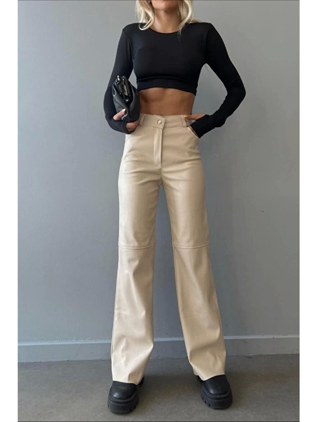 Kadın Bej Palazzo Deri Pantolon 0291-10046