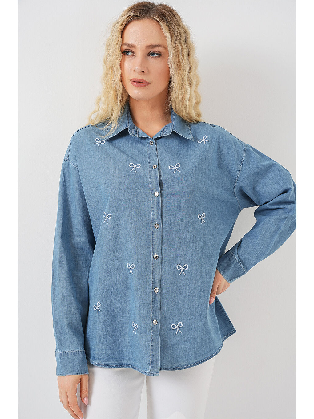 Kadın Fiyonlu Jean Gömlek 20329 - Mavi-2