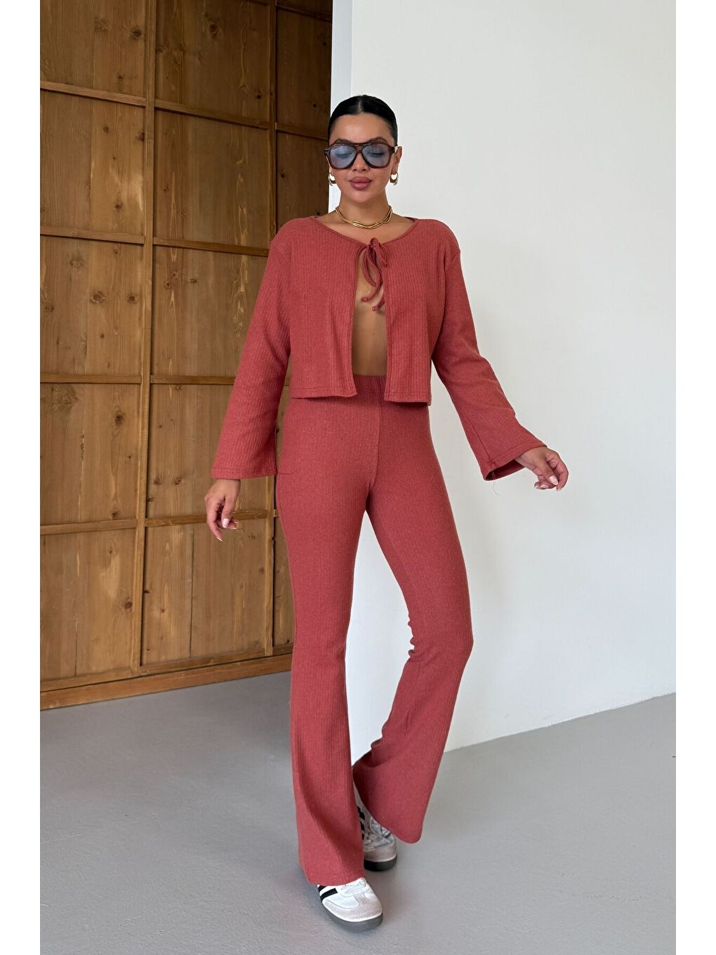 Turuncu Kadın Kiremit Önden Bağcık Detay Fitilli Crop Pantolon Takım-4