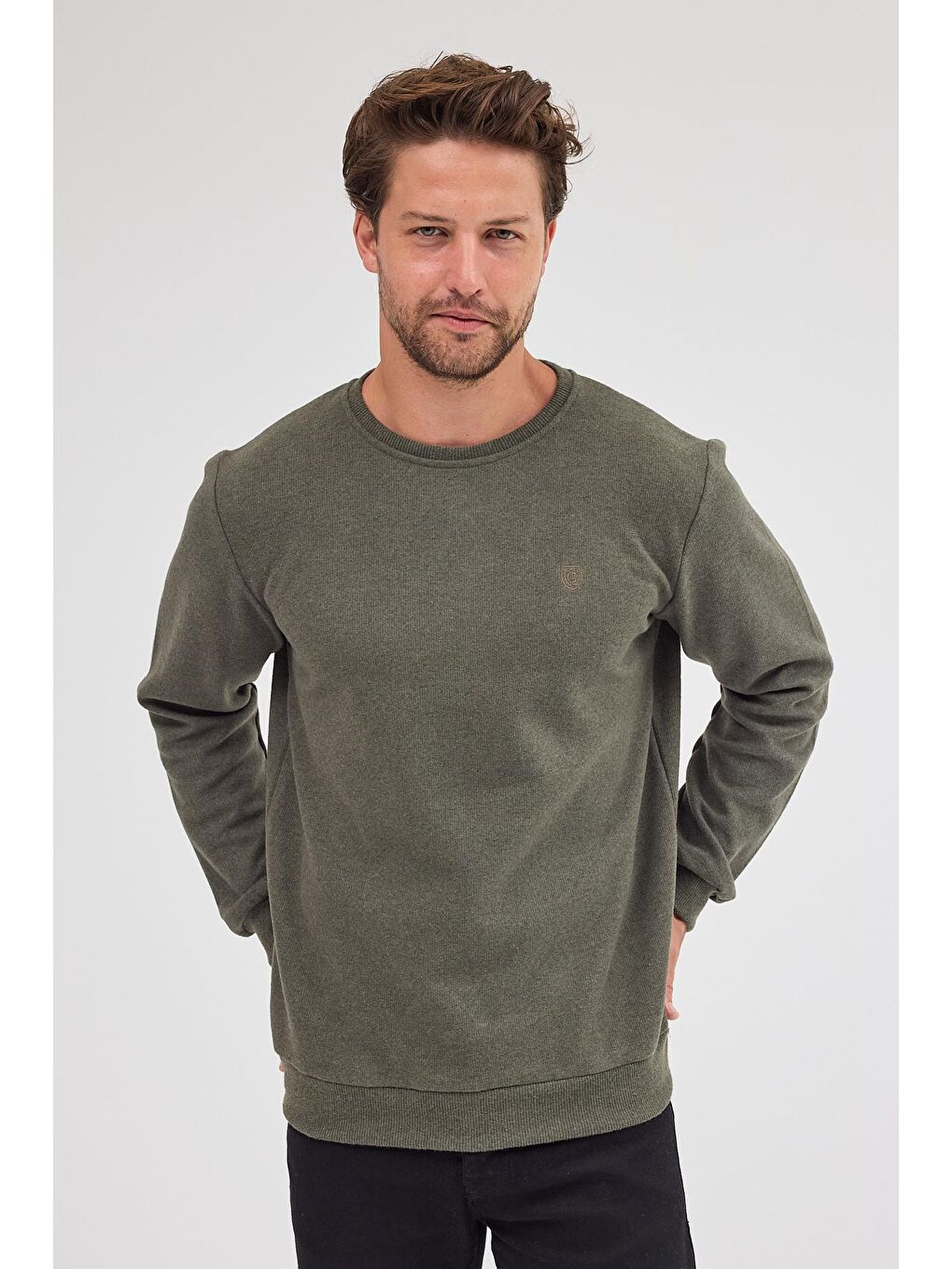 Erkek Haki Standart Fit Normal Kesim Pamuklu Basic Bisiklet Yaka Sweatshirt MTLCE113-Haki