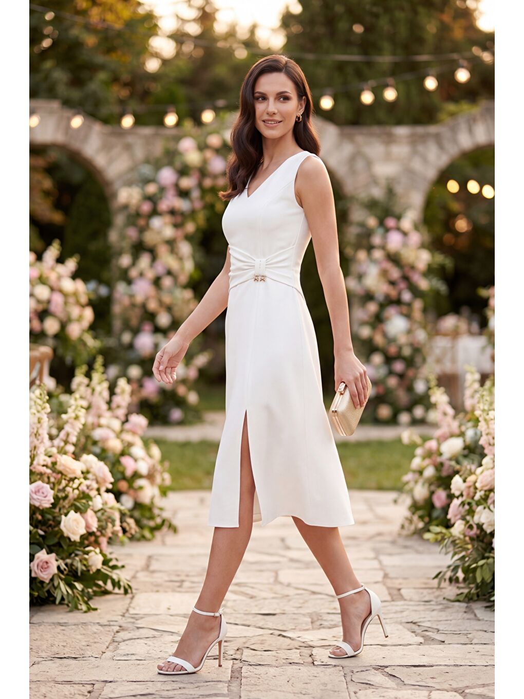 Kadın Beyaz V Yaka Yırtmaçlı Midi Kloş Davet Elbisesi-4