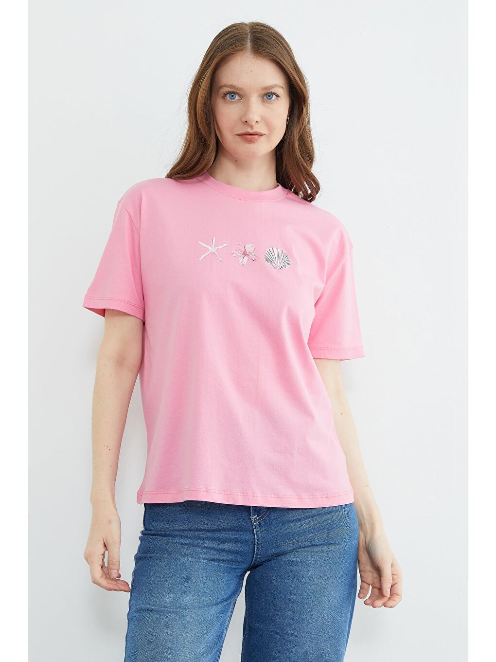 Pembe Baskılı Bisiklet Yaka Salaş Tişört-2