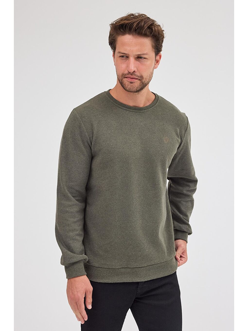 Erkek Haki Standart Fit Normal Kesim Pamuklu Basic Bisiklet Yaka Sweatshirt MTLCE113-Haki-1