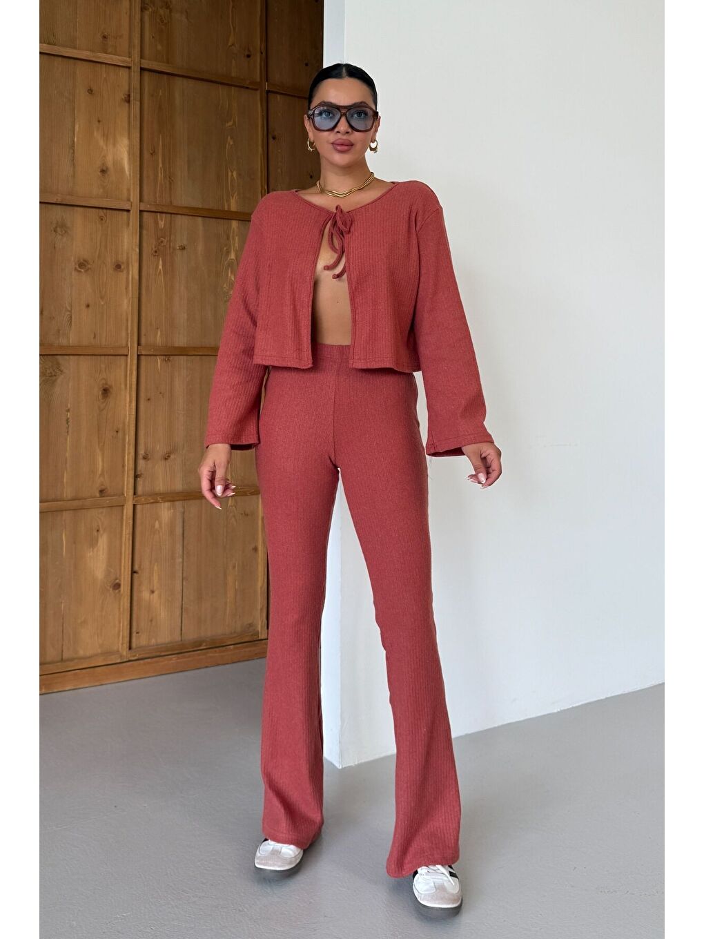 Turuncu Kadın Kiremit Önden Bağcık Detay Fitilli Crop Pantolon Takım-5