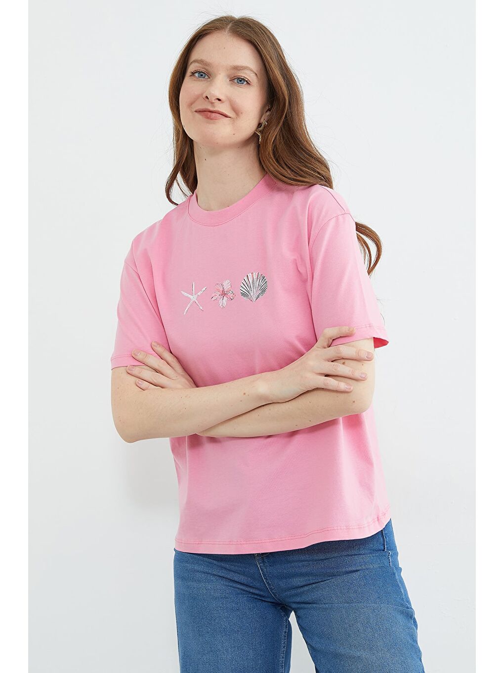 Pembe Baskılı Bisiklet Yaka Salaş Tişört-3