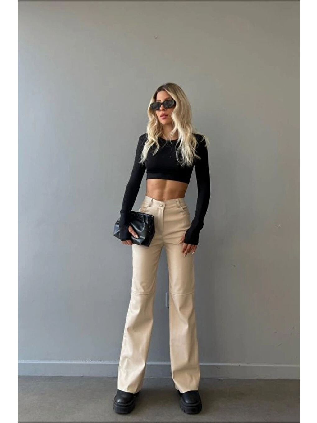 Kadın Bej Palazzo Deri Pantolon 0291-10046-2