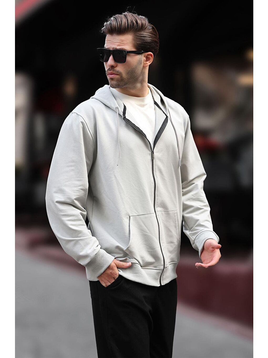 Boyalı Gri Kapüşonlu Düz Fermuarlı Erkek Hırka 7070-2