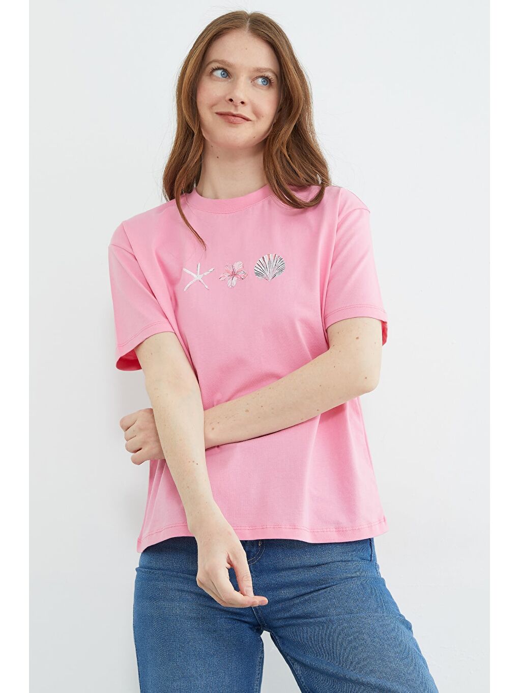 Pembe Baskılı Bisiklet Yaka Salaş Tişört-4