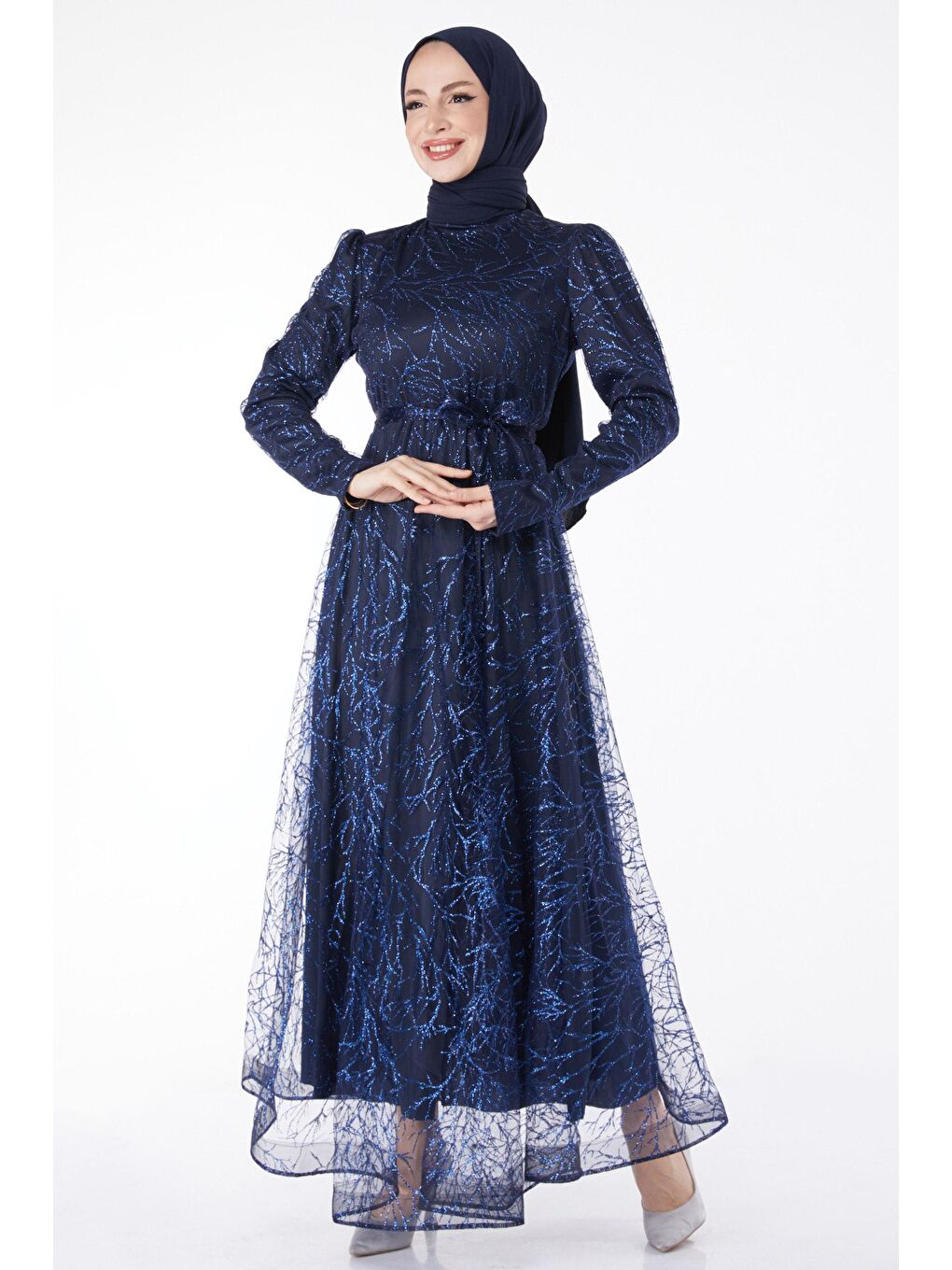 Düz Hakim Yaka Kadın Lacivert Işıltılı Simli Abiye Elbise - 24822-1