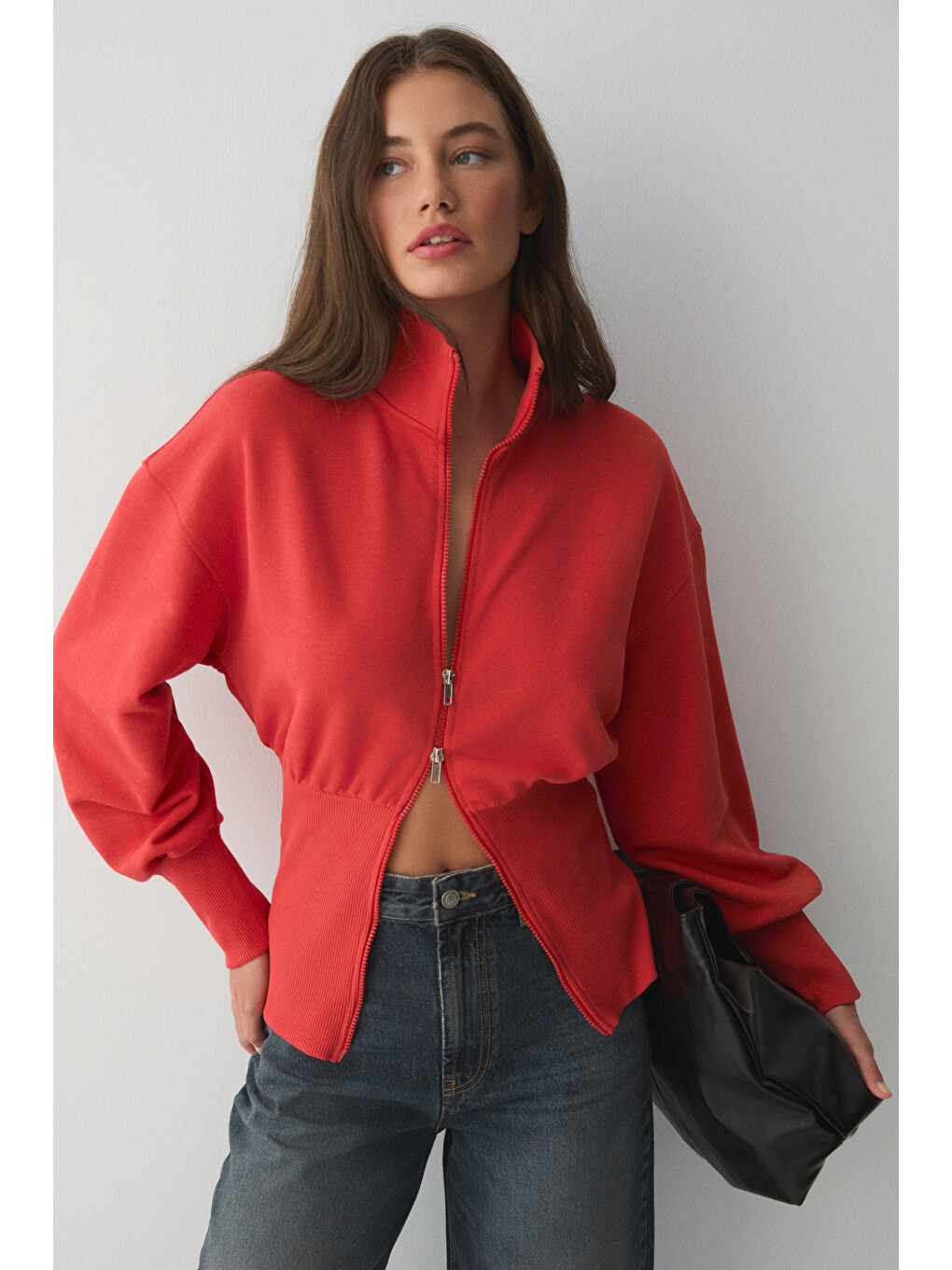 Vıvaldı Kadın Organik Pamuklu Beli Korseli Fermuarlı Kırmızı Sweatshirt-2