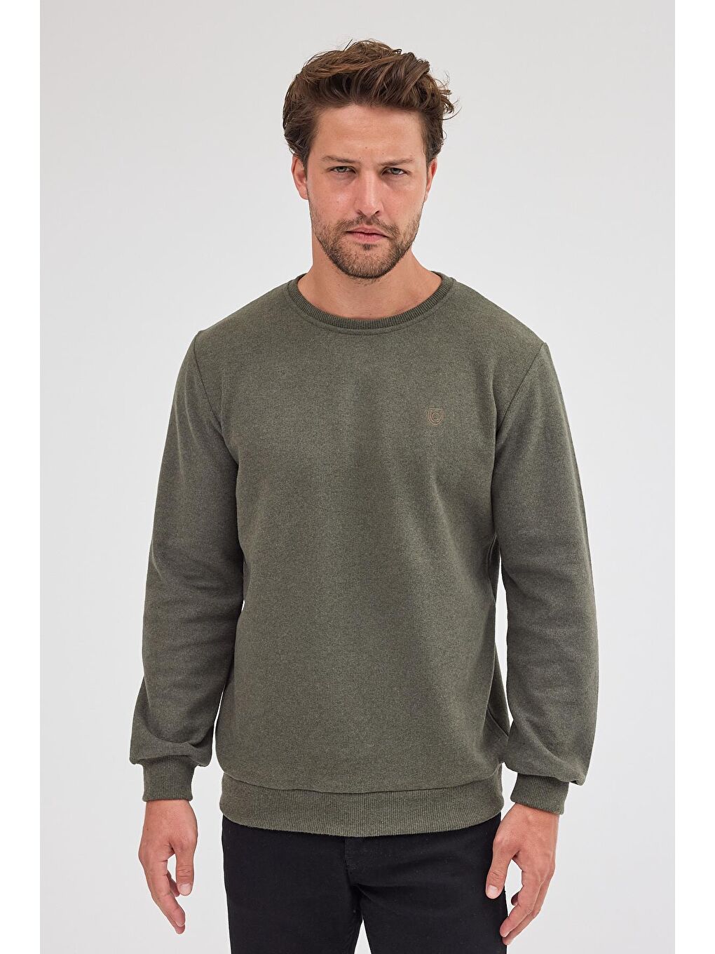 Erkek Haki Standart Fit Normal Kesim Pamuklu Basic Bisiklet Yaka Sweatshirt MTLCE113-Haki-2