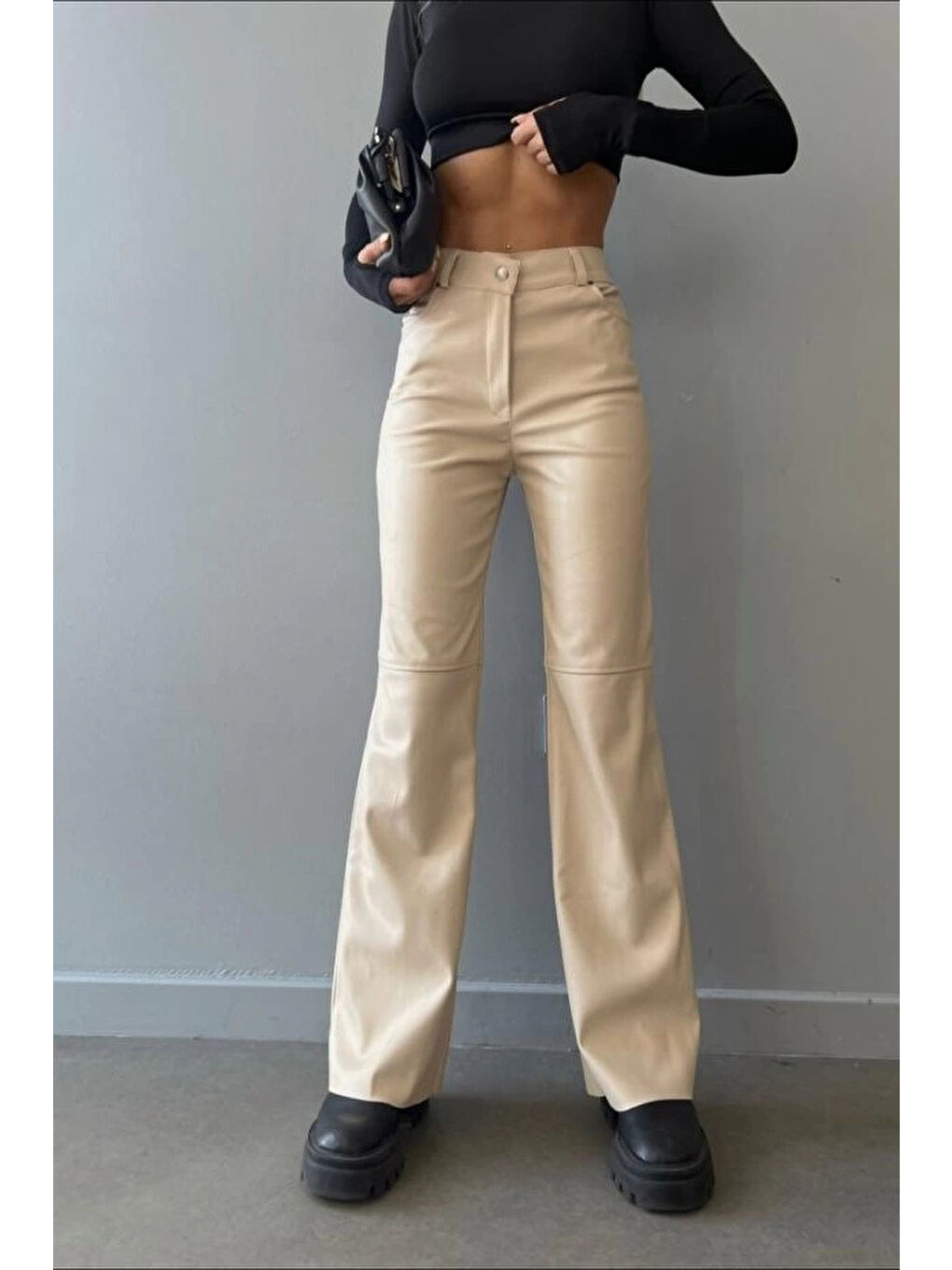 Kadın Bej Palazzo Deri Pantolon 0291-10046-3