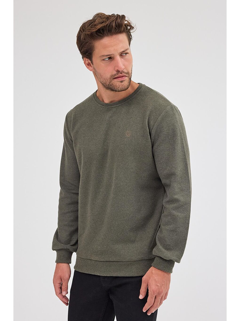 Erkek Haki Standart Fit Normal Kesim Pamuklu Basic Bisiklet Yaka Sweatshirt MTLCE113-Haki-3