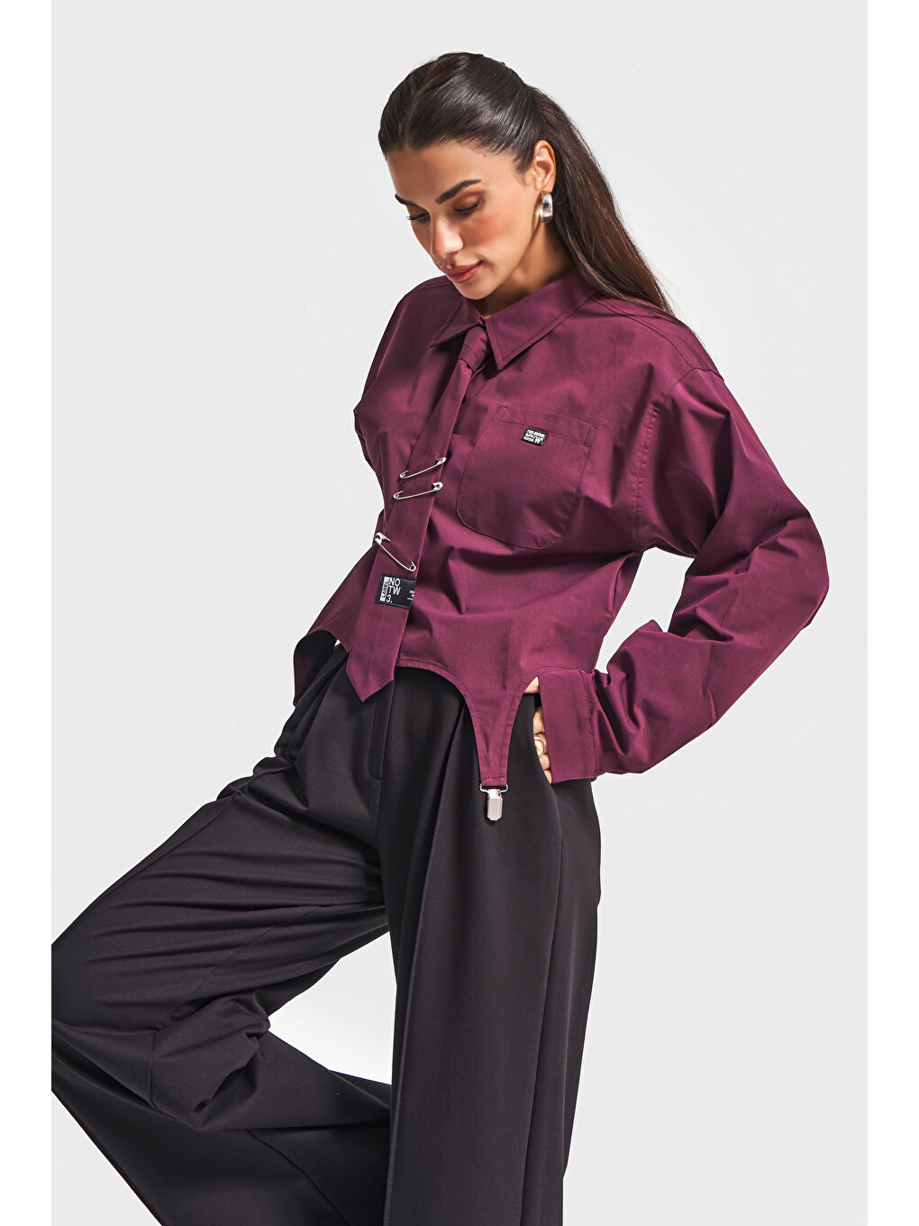 Kadın Bordo Renk Kravatlı Tasarım Bol Kesim Gömlek-3