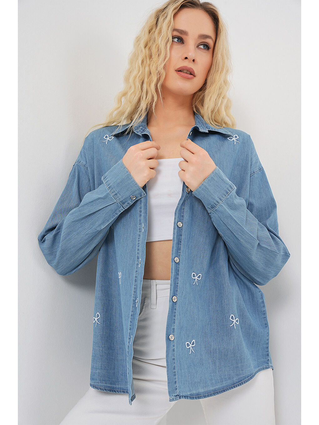 Kadın Fiyonlu Jean Gömlek 20329 - Mavi-3