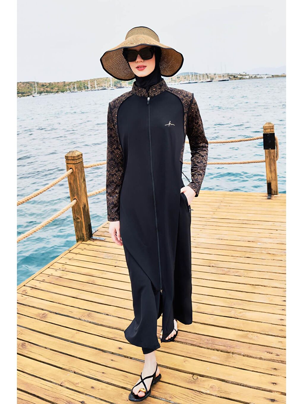 Tam Boy Kolu Desen Siyah 5 Parça Tam Tesettür Mayo Takımı 4053