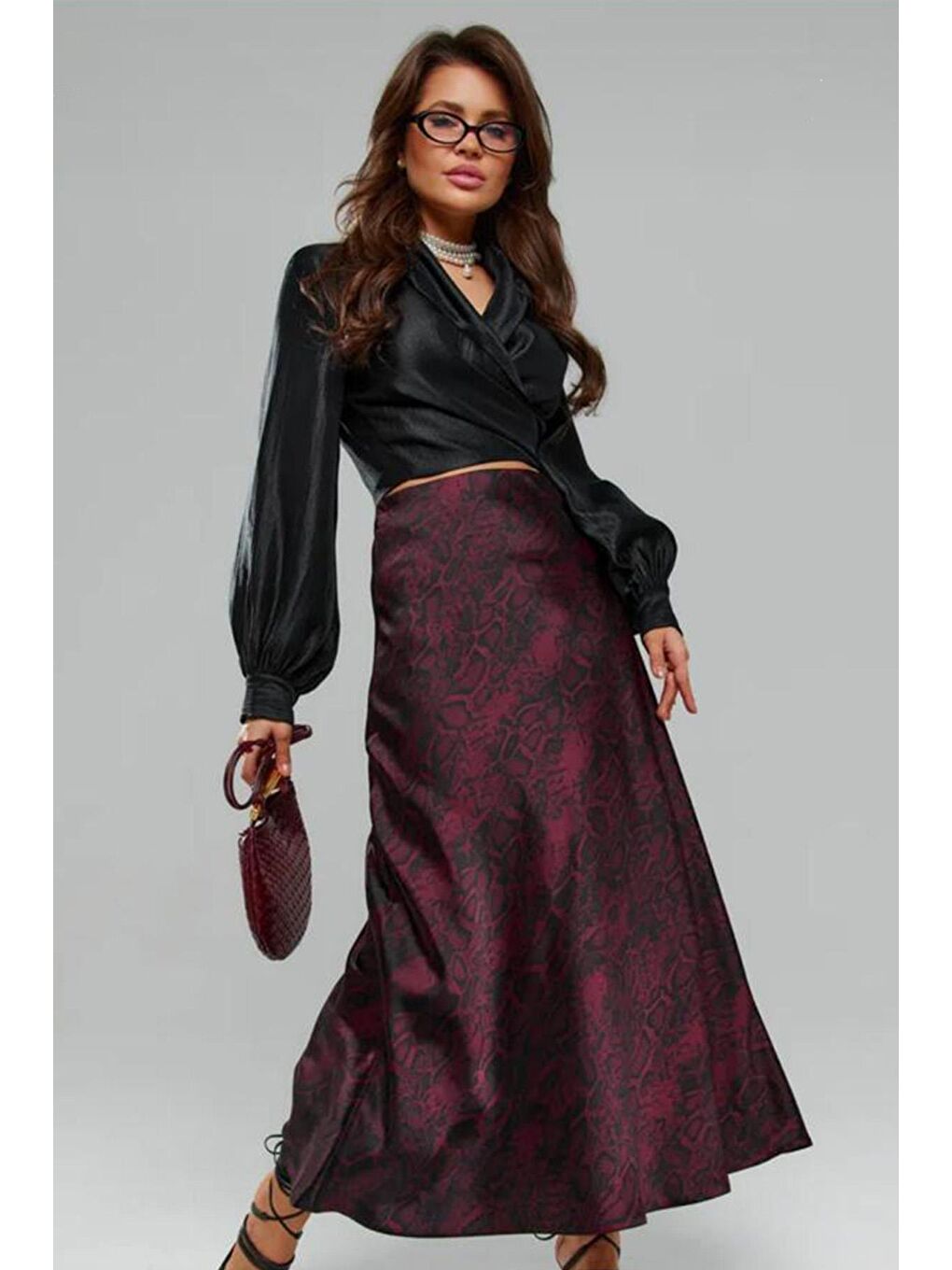 Bordo Desenli Saten Kadın Uzun Etek Mg2333-5
