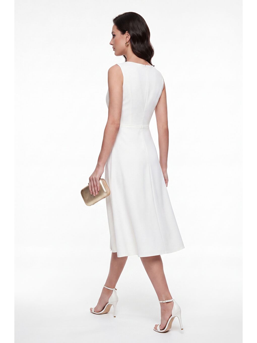 Kadın Beyaz V Yaka Yırtmaçlı Midi Kloş Davet Elbisesi-5