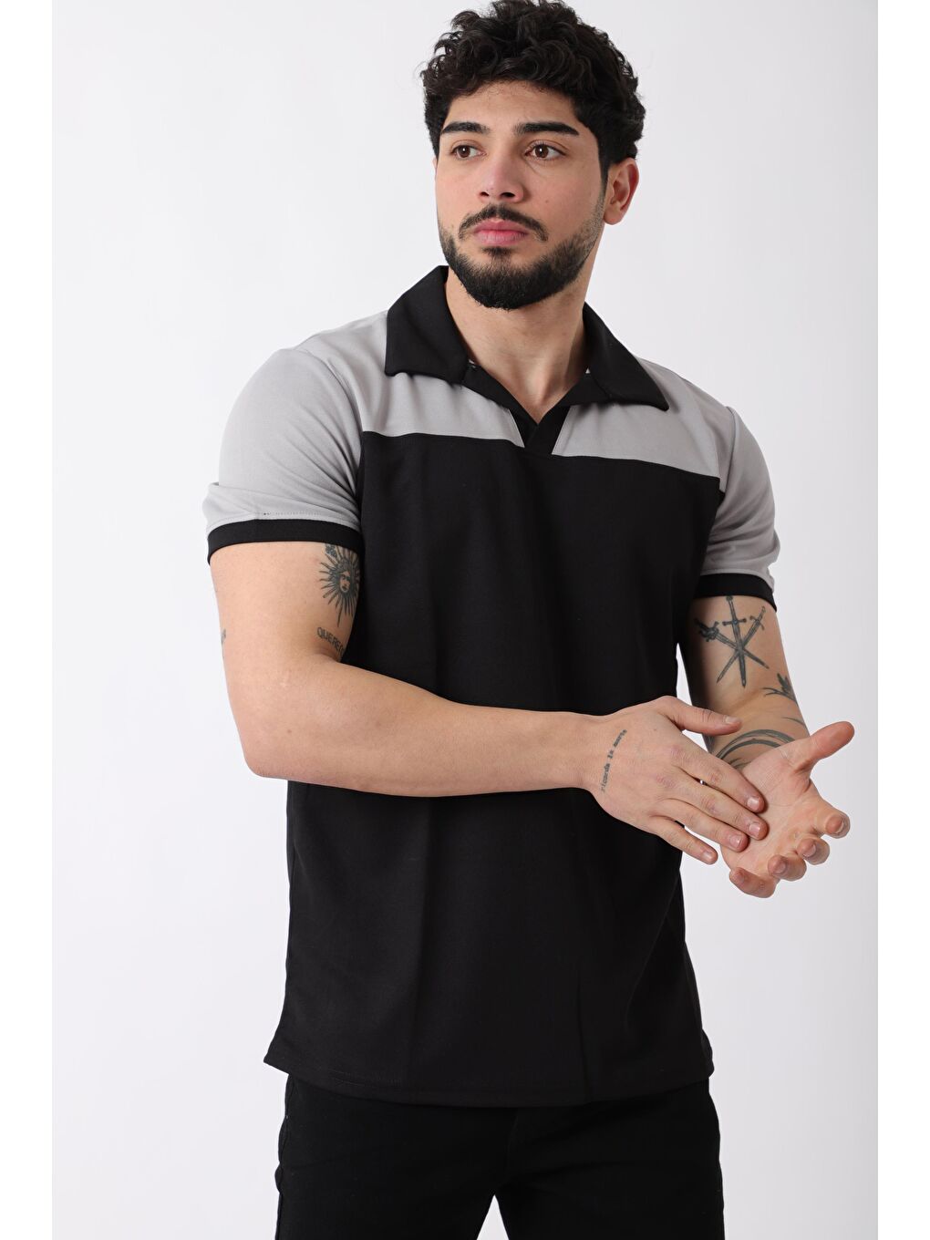 Gri Parçalı Apaç Yaka Erkek Tişört JS C-007_30415-1