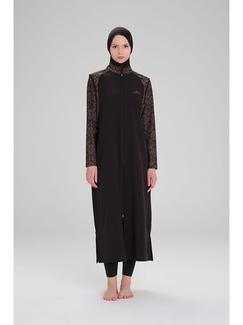Tam Boy Kolu Desen Siyah 5 Parça Tam Tesettür Mayo Takımı 4053-2