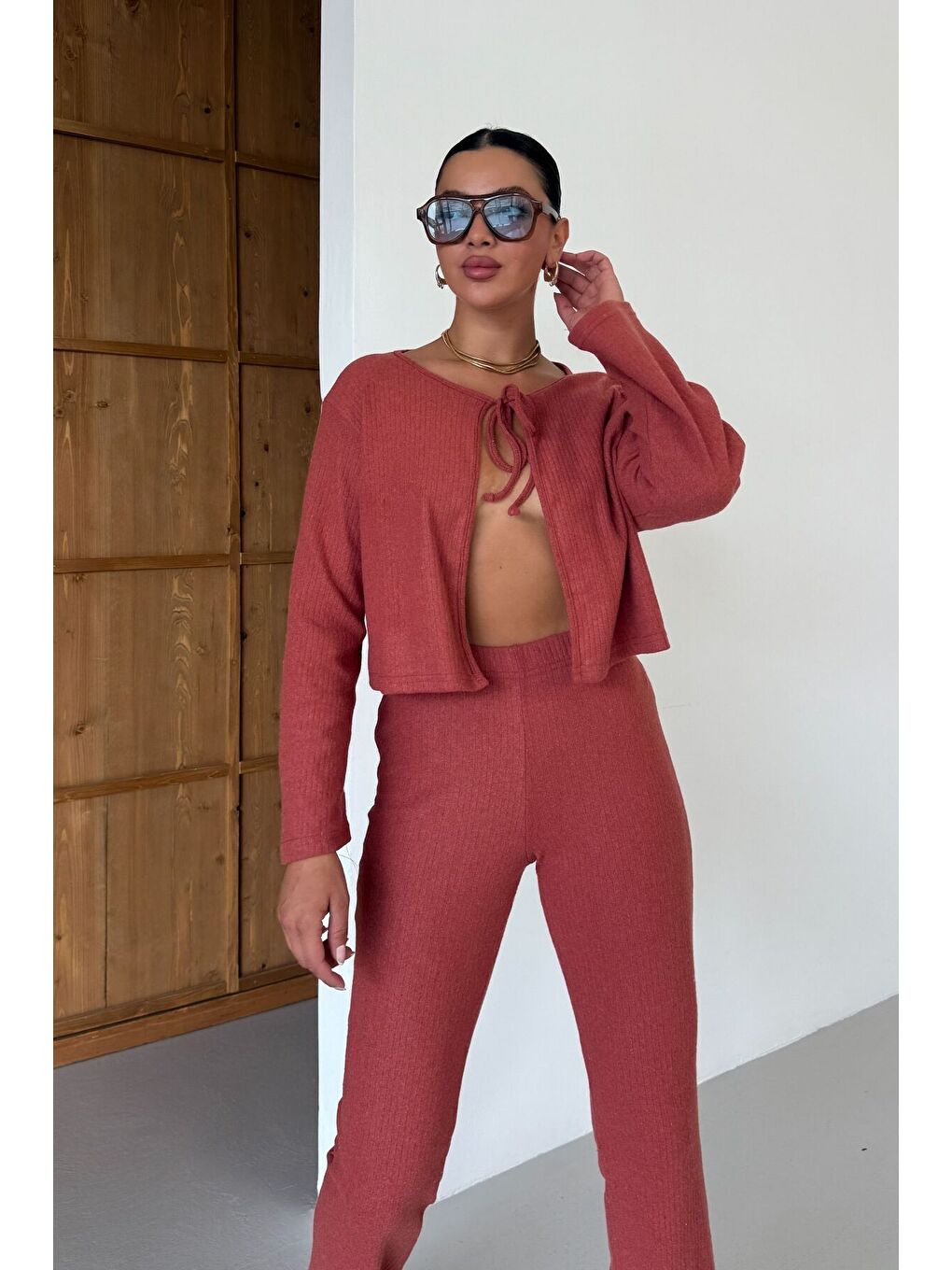 Turuncu Kadın Kiremit Önden Bağcık Detay Fitilli Crop Pantolon Takım-6