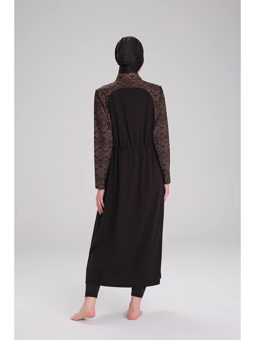 Tam Boy Kolu Desen Siyah 5 Parça Tam Tesettür Mayo Takımı 4053-3