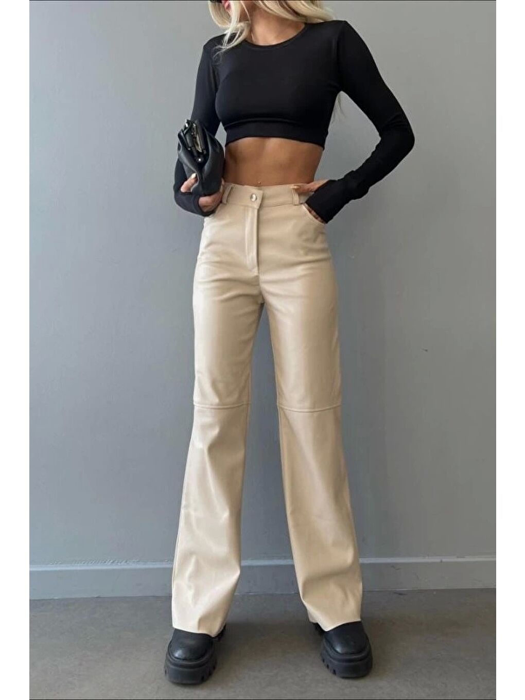 Kadın Bej Palazzo Deri Pantolon 0291-10046-4