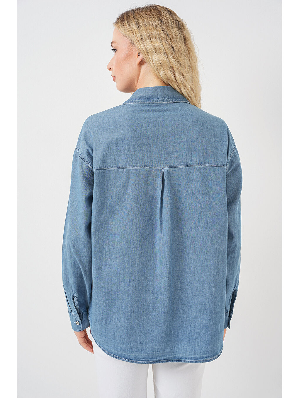 Kadın Fiyonlu Jean Gömlek 20329 - Mavi-5