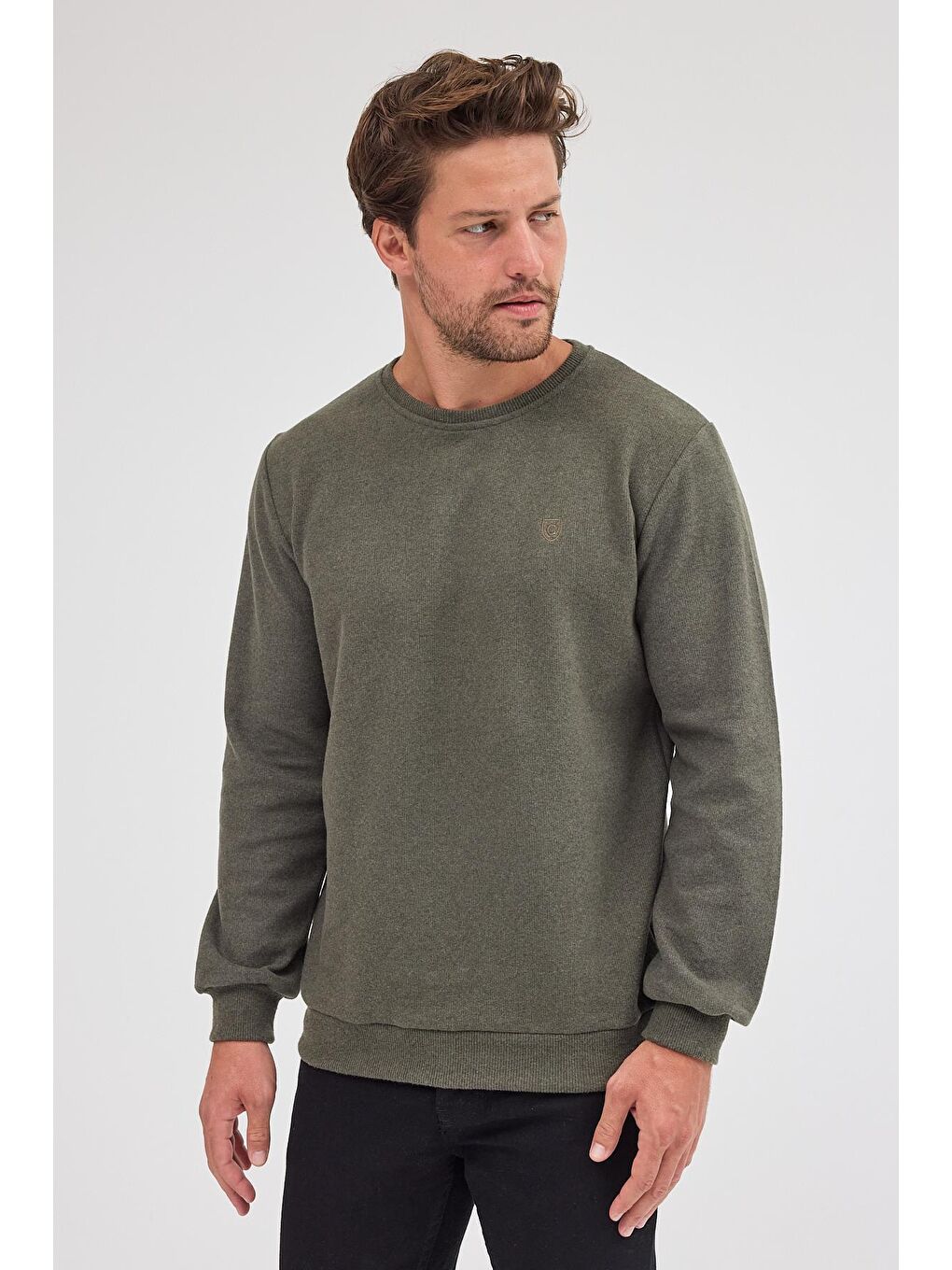 Erkek Haki Standart Fit Normal Kesim Pamuklu Basic Bisiklet Yaka Sweatshirt MTLCE113-Haki-5