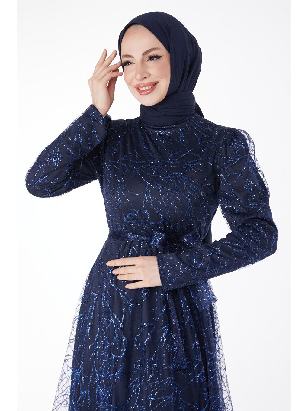 Düz Hakim Yaka Kadın Lacivert Işıltılı Simli Abiye Elbise - 24822-2