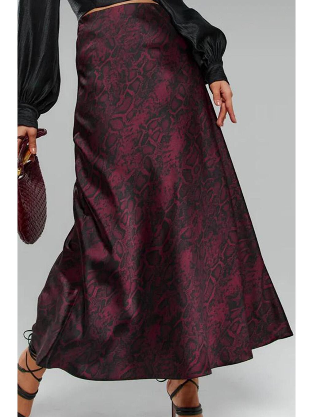 Bordo Desenli Saten Kadın Uzun Etek Mg2333-6