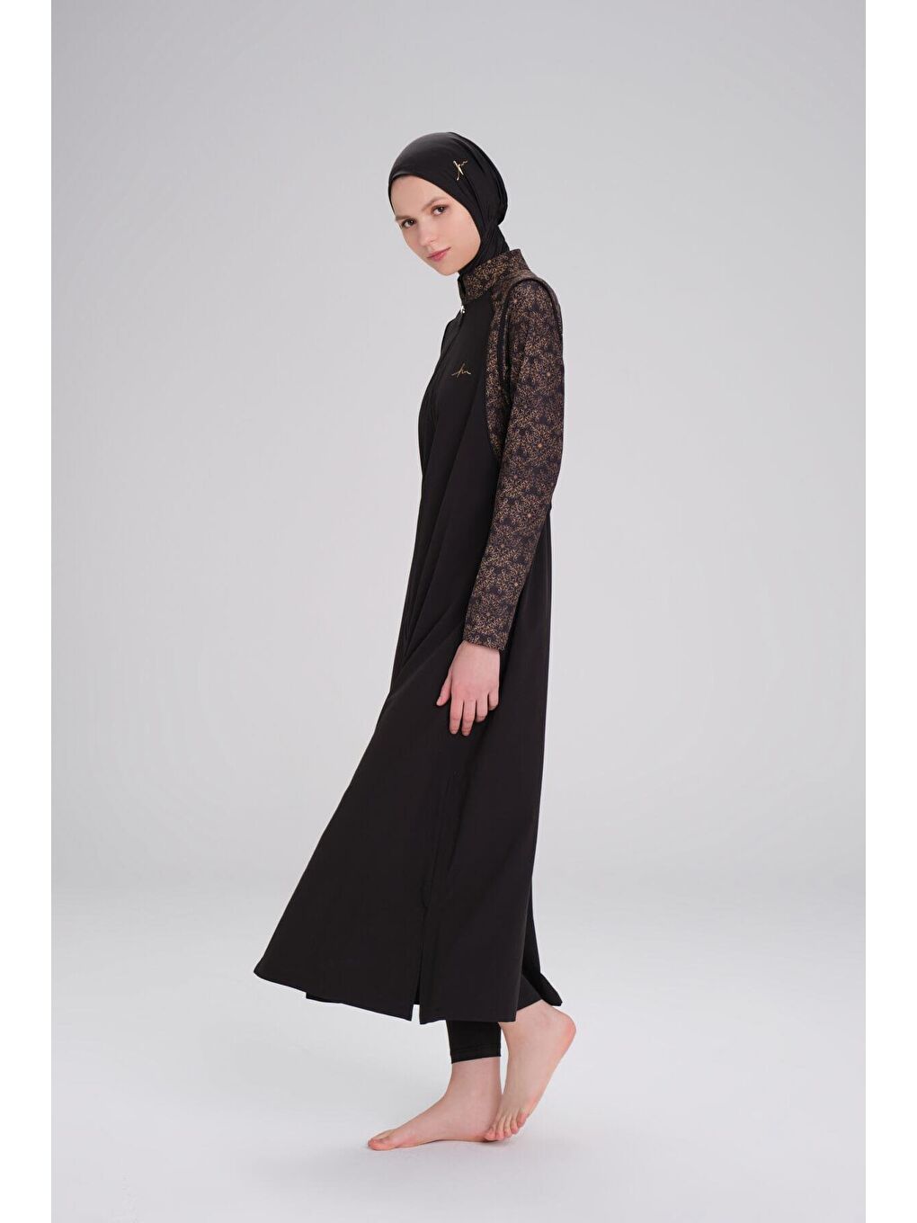 Tam Boy Kolu Desen Siyah 5 Parça Tam Tesettür Mayo Takımı 4053-4