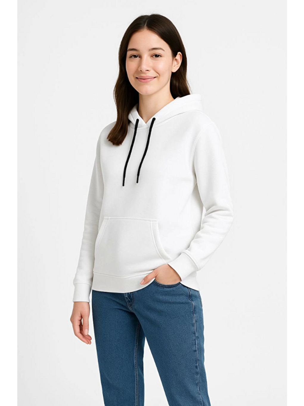 Üç İplik Kapüşonlu Kanguru Çepli Sweatshirt Hoodie - Beyaz