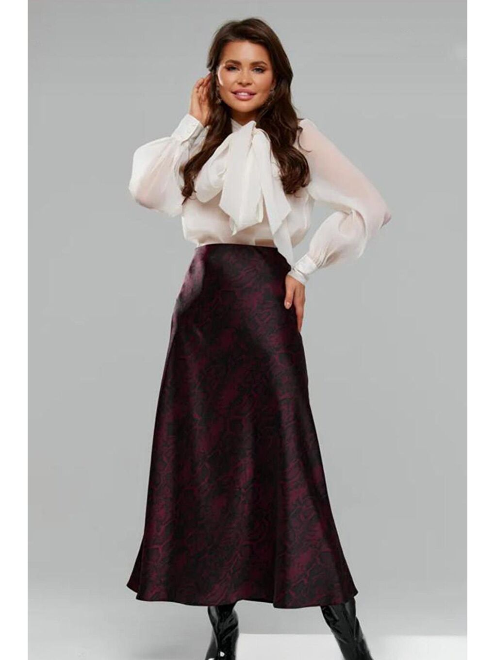 Bordo Desenli Saten Kadın Uzun Etek Mg2333-7