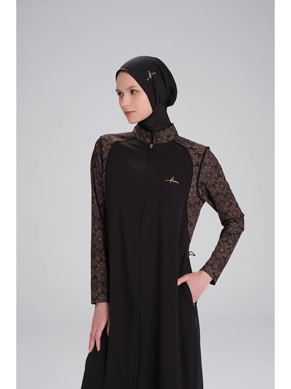 Tam Boy Kolu Desen Siyah 5 Parça Tam Tesettür Mayo Takımı 4053-5