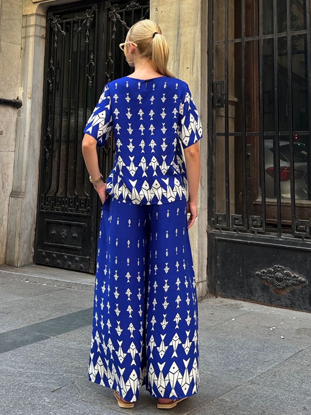 Mavi Viskon Kumaş Desenli Bol Paça Alt Üst Takım-4