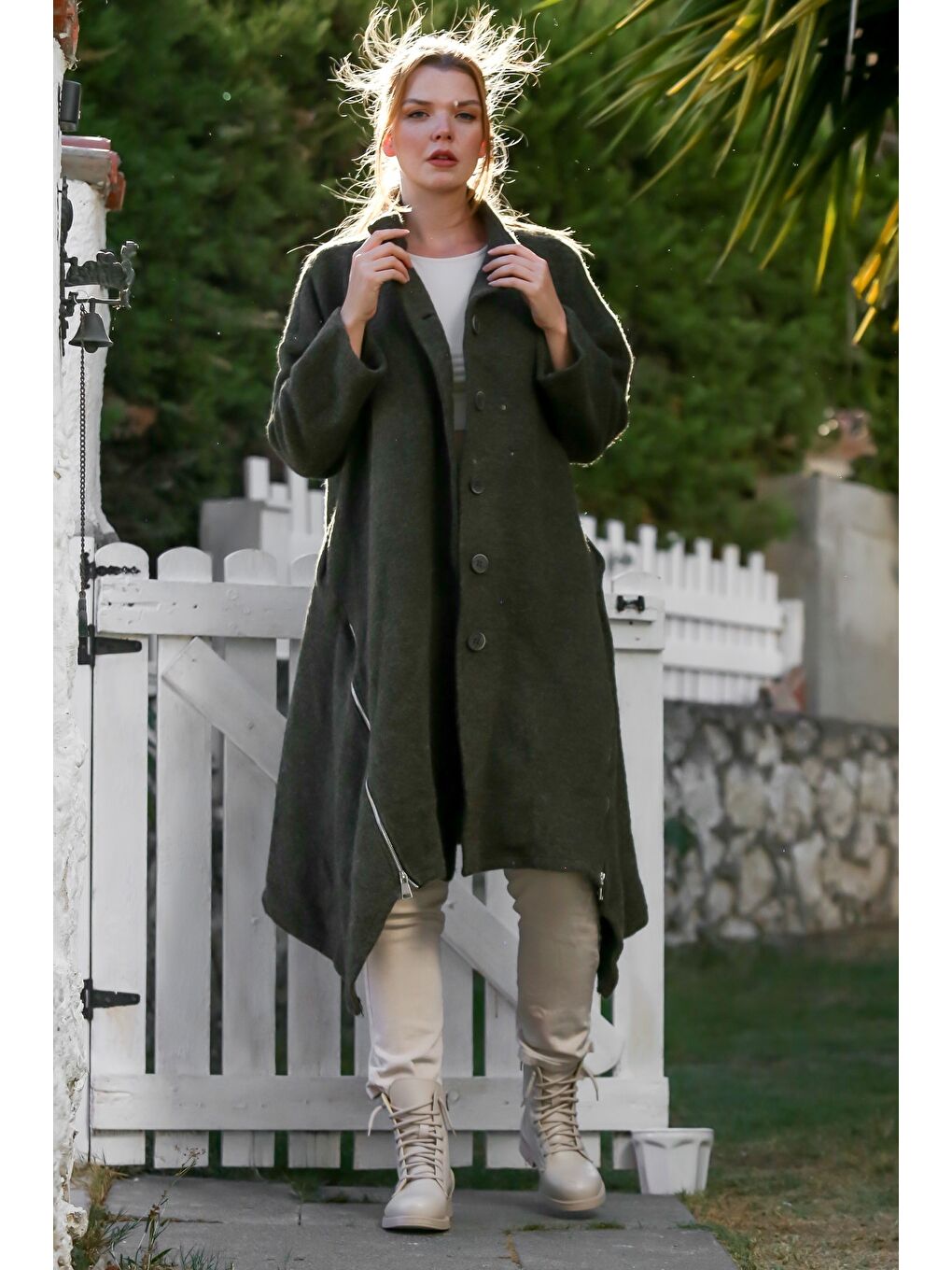 İtalyan Haki Hakim Yaka Uzun Kol Fermuarlı Gizli Cepli Kaşe Oversize Dokuma Kaban 105 70-3